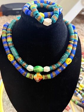 Colorful Multi-Strand African Trade Bead Necklace and Bracelet Set
